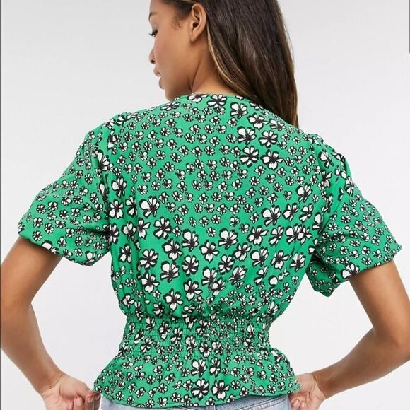 Topshop Green Tie Neck Short Sleeve Floral Top sz 2 - Picture 2 of 12